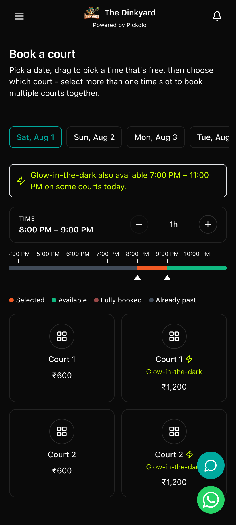 The Dinkyard court booking screen, powered by PYKL
