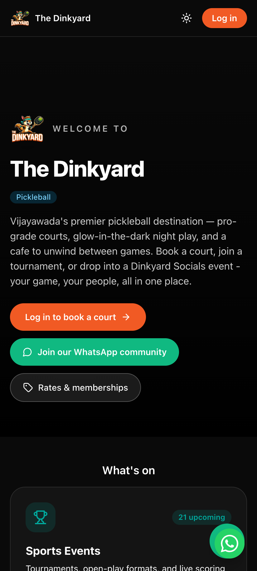 The Dinkyard venue landing screen, powered by PYKL